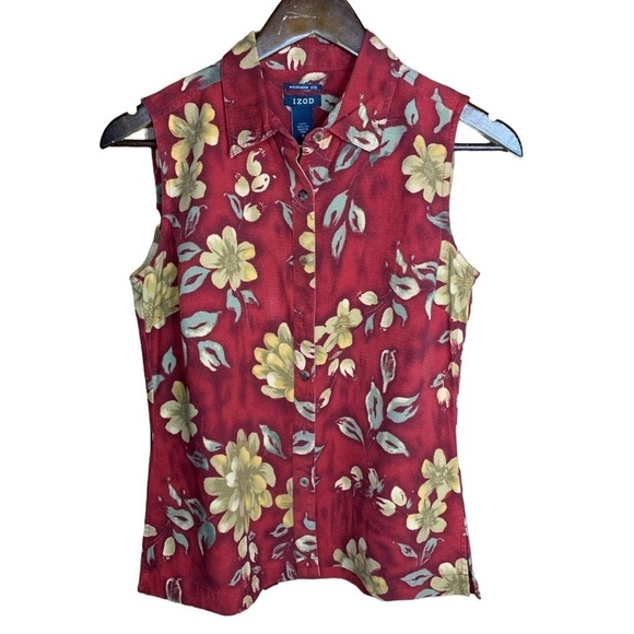 Izod Sleeveless Floral Silk Blouse Size 6 Button Front Burgundy Cream and Sage - Picture 6 of 6